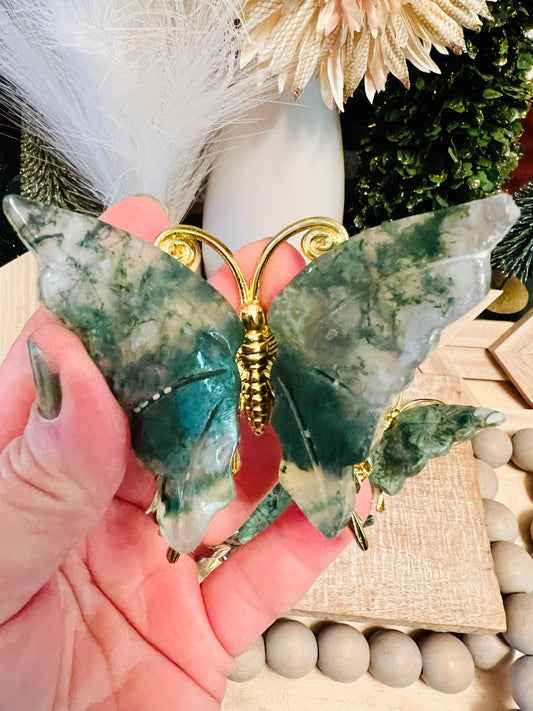 Intuitively Chosen Moss Agate Butterfly - Gold