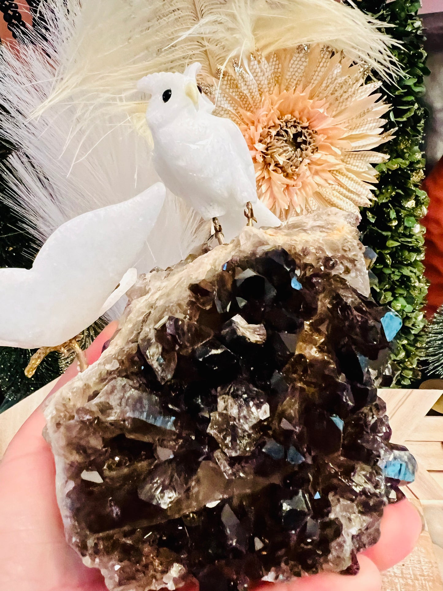 Smoky Quartz Cluster with White Quartz Owl and Butterfly