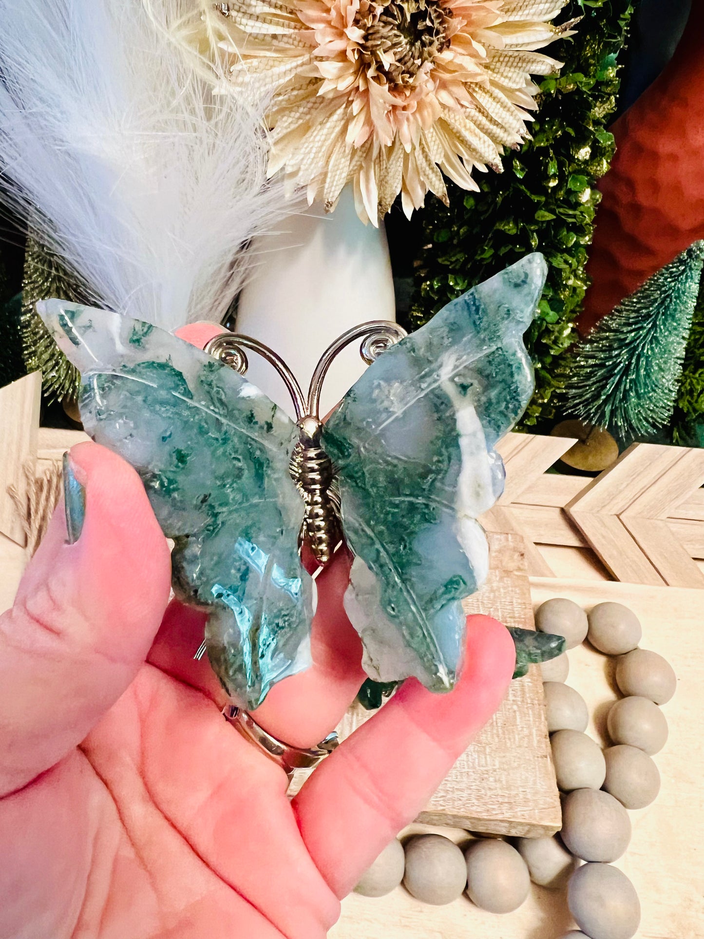 Intuitively Chosen Moss Agate Butterfly - Silver