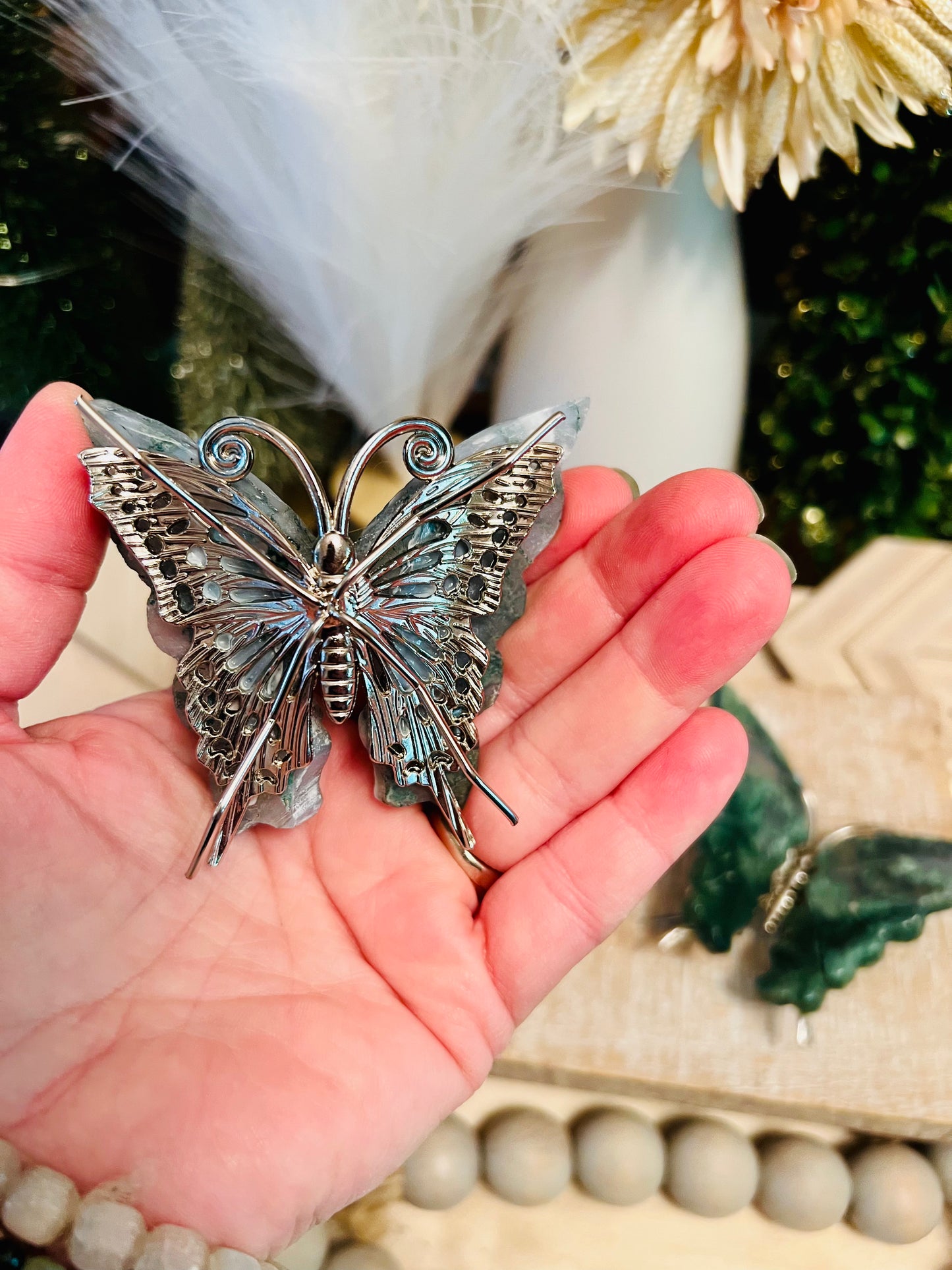 Intuitively Chosen Moss Agate Butterfly - Silver