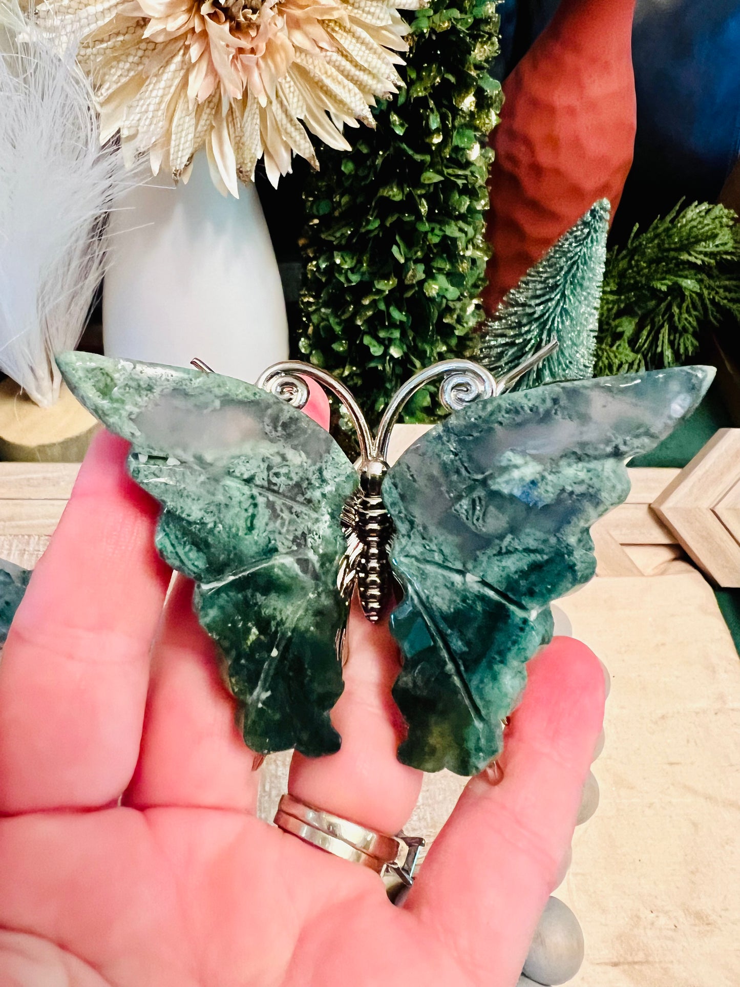 Intuitively Chosen Moss Agate Butterfly - Silver