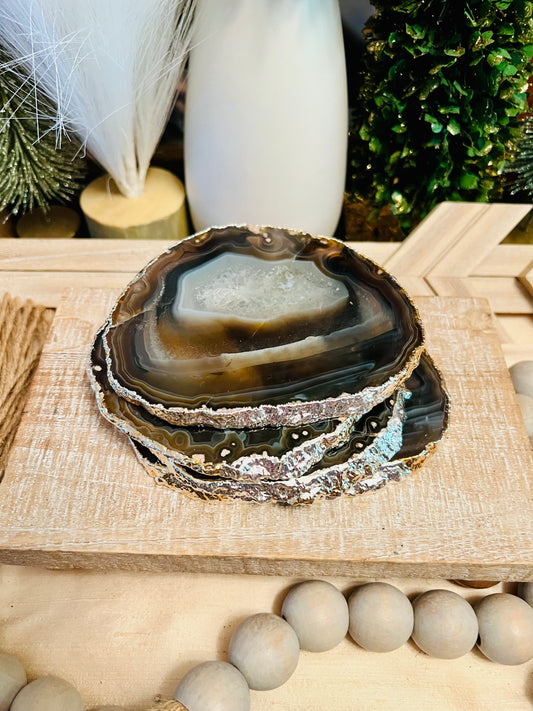 Black and Brown Agate Coaster Set - Silver Edge (Set of 4)