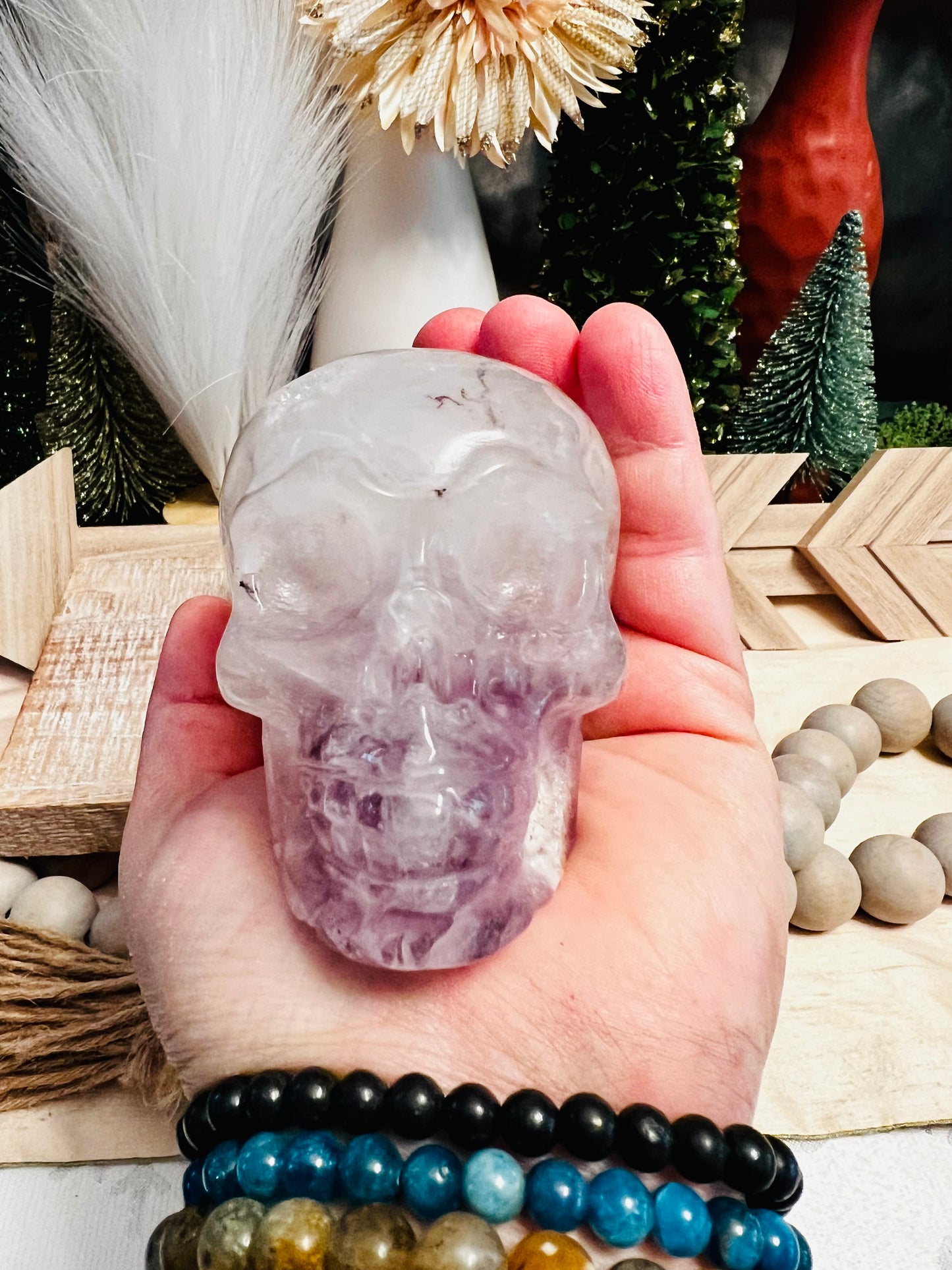 Intuitively Chosen Pink and Purple Amethyst Skull with Flower Agate