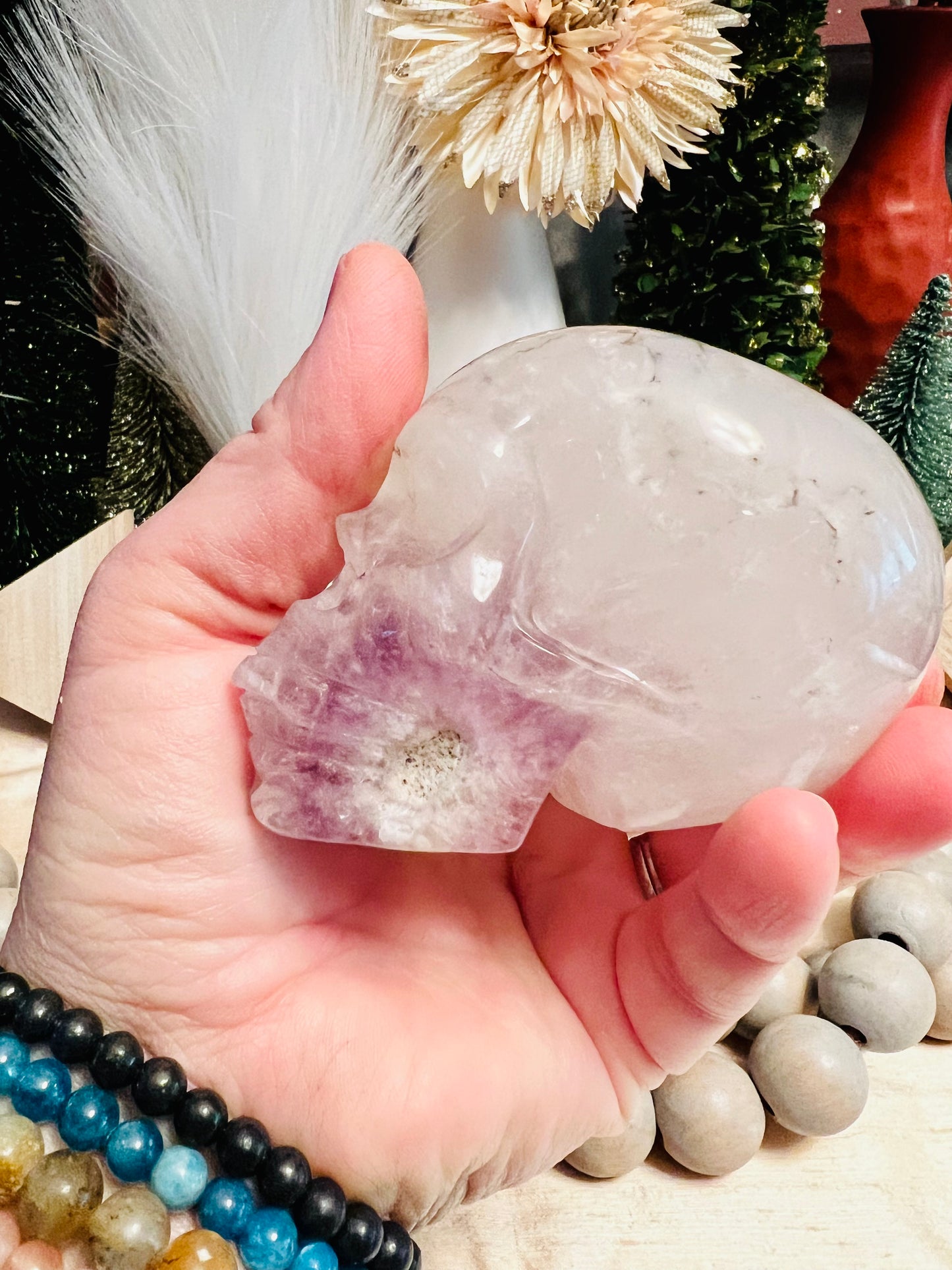 Intuitively Chosen Pink and Purple Amethyst Skull with Flower Agate