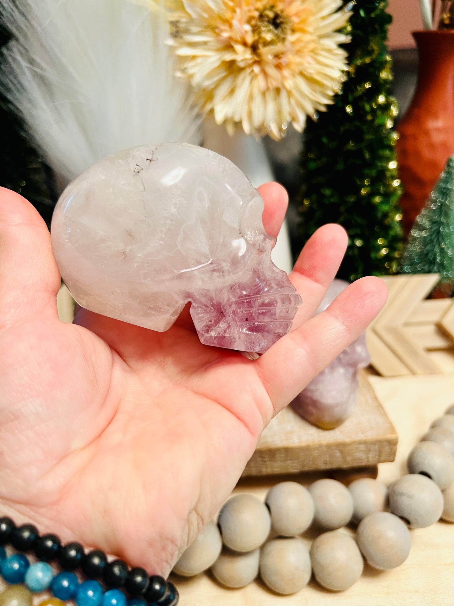 Intuitively Chosen Pink and Purple Amethyst Skull with Flower Agate