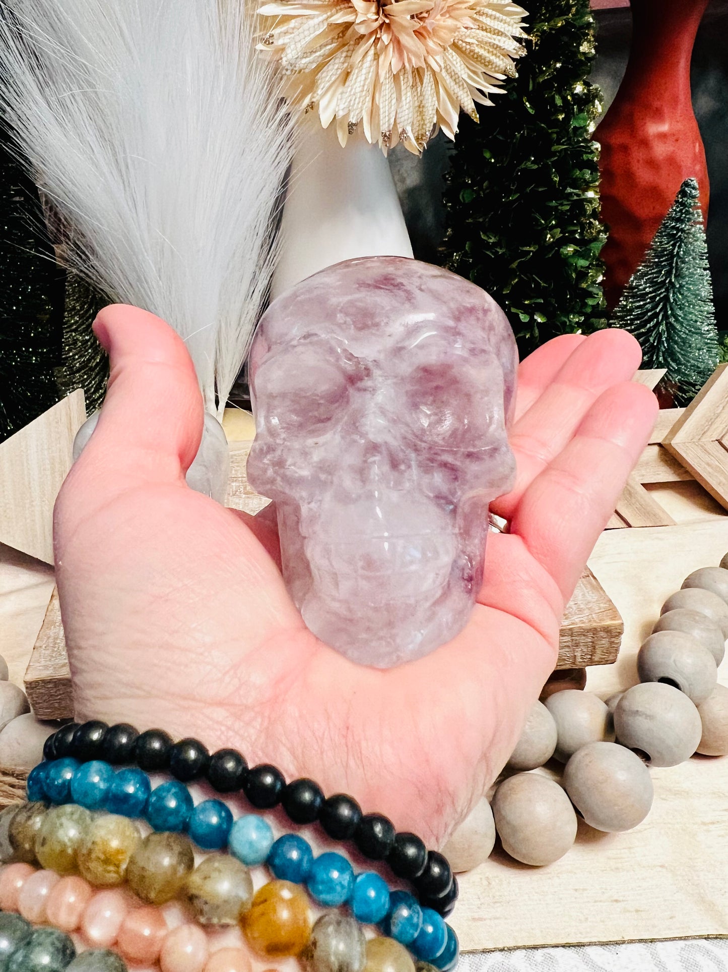 Intuitively Chosen Pink and Purple Amethyst Skull with Flower Agate