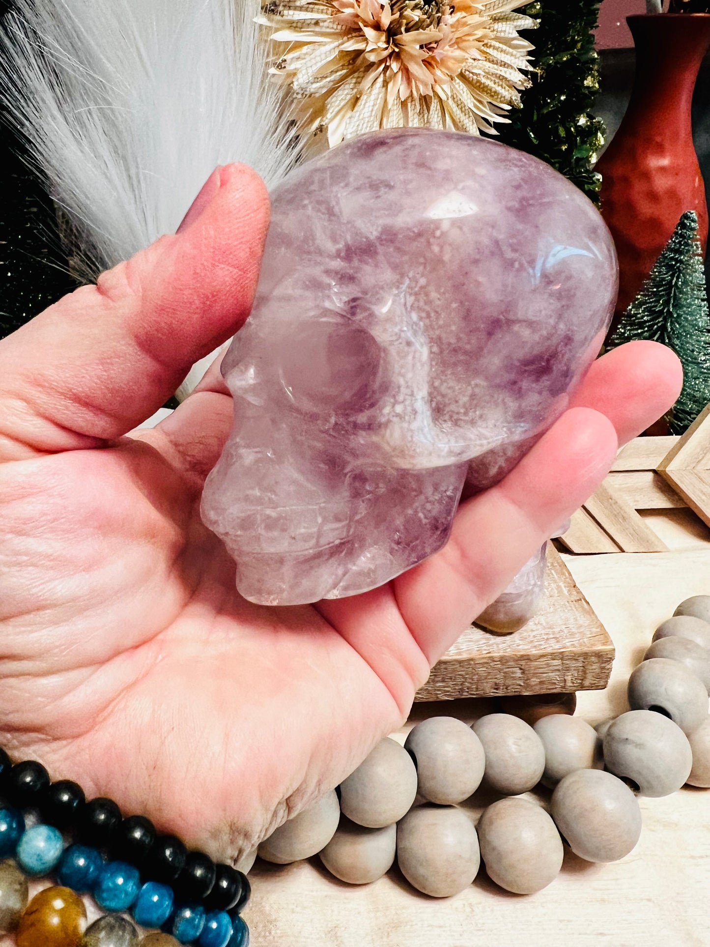 Intuitively Chosen Pink and Purple Amethyst Skull with Flower Agate