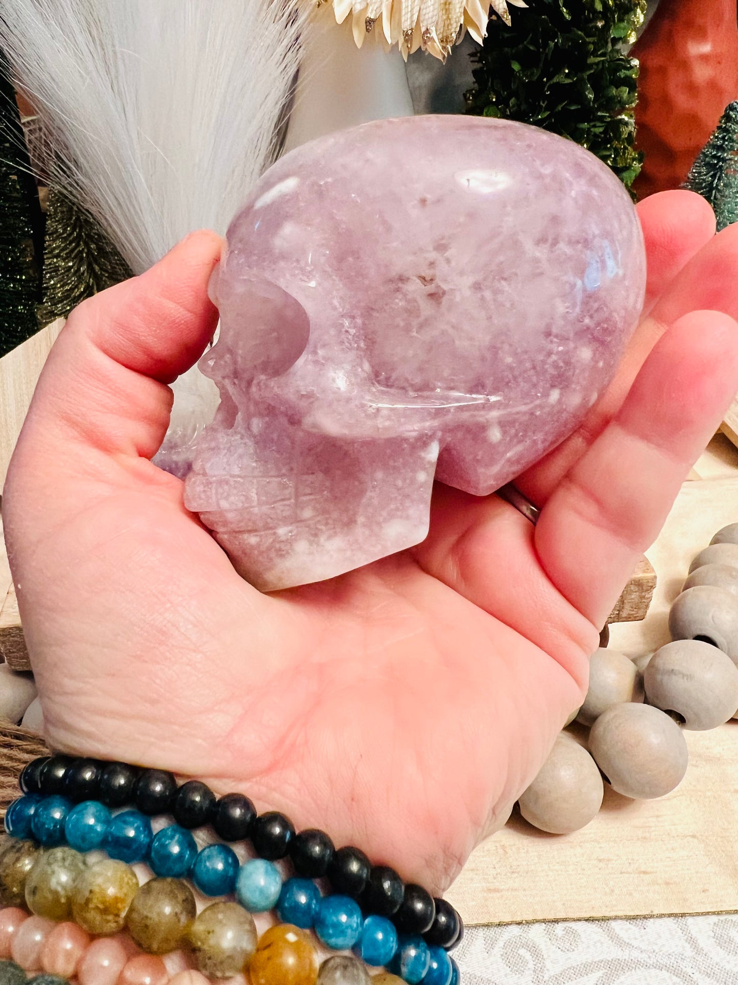 Intuitively Chosen Pink and Purple Amethyst Skull with Flower Agate