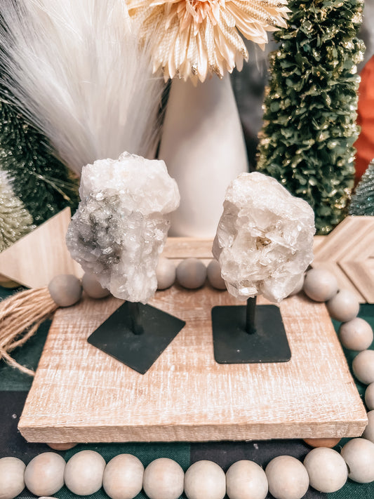 Intuitively Chosen Small Clear Quartz Cluster on Stand